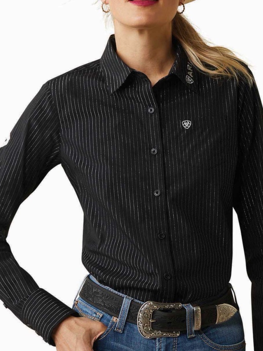 NWOT Ariat Kirby Stretch Black w/ Silver Pinstripe Ladies Button-Down Shirt